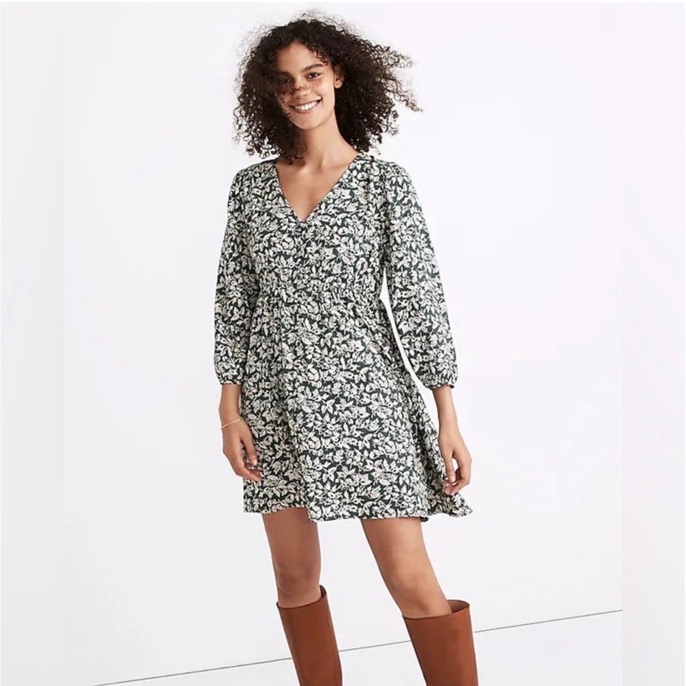 Madewell Green Floral Puff Sleeve Mini Dress V-Neck Smocked Waist XS
